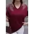 Kadın Bordo Büyük Beden V Yaka Omuzlar Yaprak Kristal Taş İşlemeli Likralı Kısa Kol Buluz