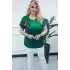 Kadın Yeşil Büyük Beden Bisiklet Yaka Göğsü Çiçek Aplikeli Likralı Kısa Kol Bluz