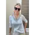 Kadın Beyaz V Yaka Yakası Manşetli Simli Likralı Soğuk İplik Triko Bluz