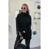 Kadın SİYAH Degaje Yaka Yandan Cepli Likralı İnce Triko Bluz