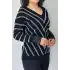 Kadın Siyah-Gıri V Yaka Simli Verev Çizgili Likralı Tiriko Bluz