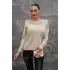 Kadın Bej Yumoş Tiriko Sakal İp Örgü Likralı Yaka Ve Omuz File Detaylı Liralı Kazak