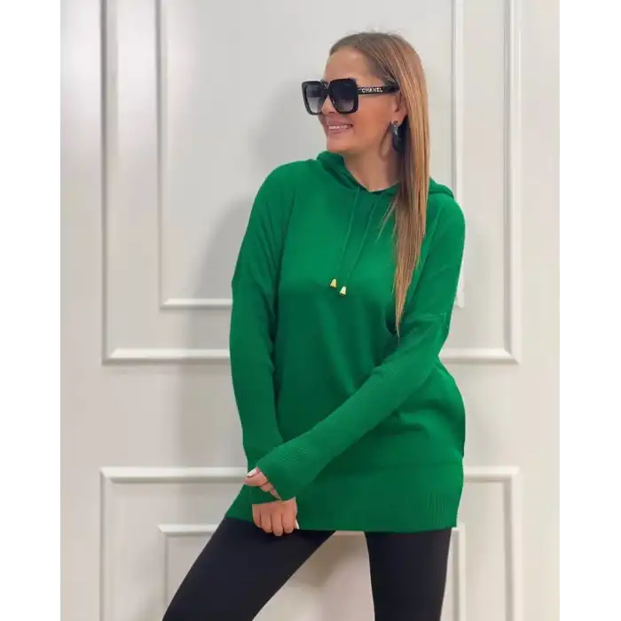 Kadın Çimen Yeşili Kapüsonlu Cepli Triko Bluz