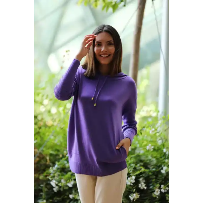 Kadın Mor Kapşonlu Kanguru Cepli Triko Sweat