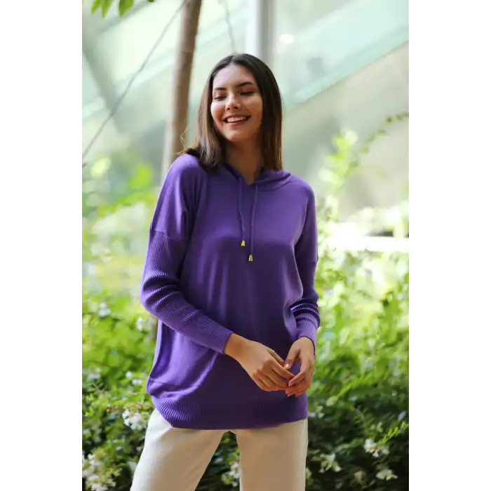 Kadın Mor Kapşonlu Kanguru Cepli Triko Sweat