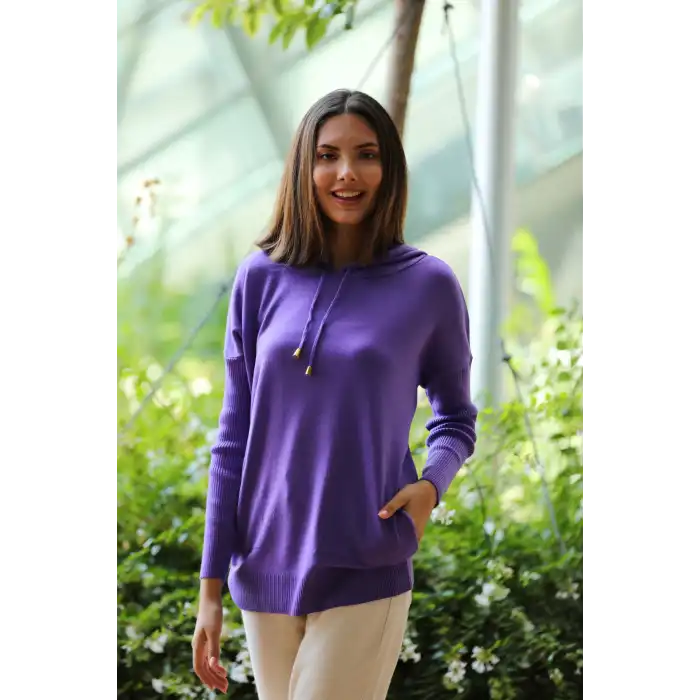 Kadın Mor Kapşonlu Kanguru Cepli Triko Sweat