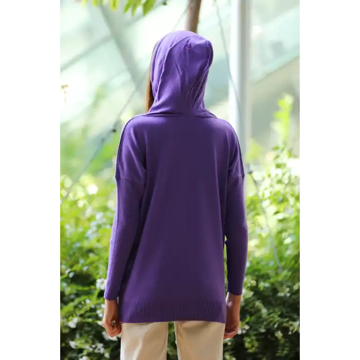 Kadın Mor Kapşonlu Kanguru Cepli Triko Sweat