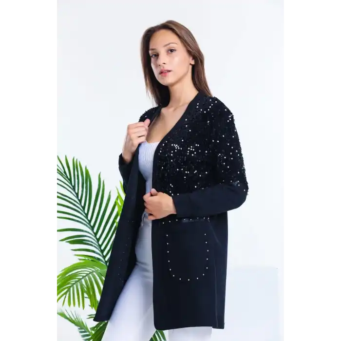 Kadın Siyah Pulpayet Ve İnci Detaylı Selanik Kumaş Ceket