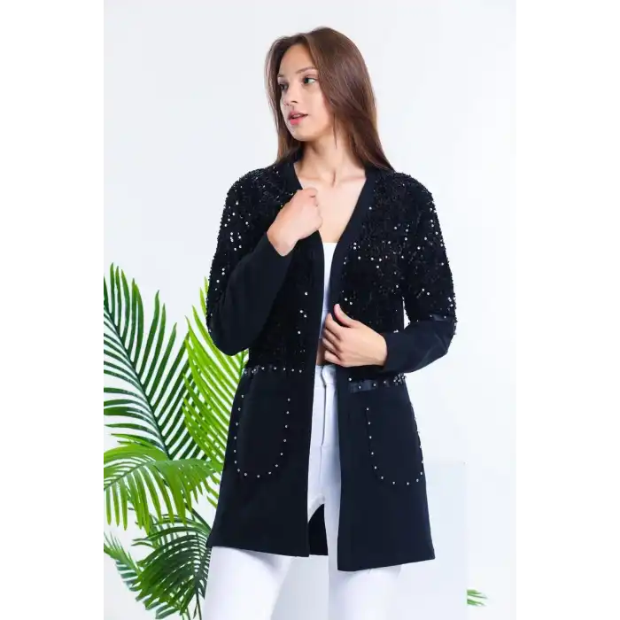Kadın Siyah Pulpayet Ve İnci Detaylı Selanik Kumaş Ceket