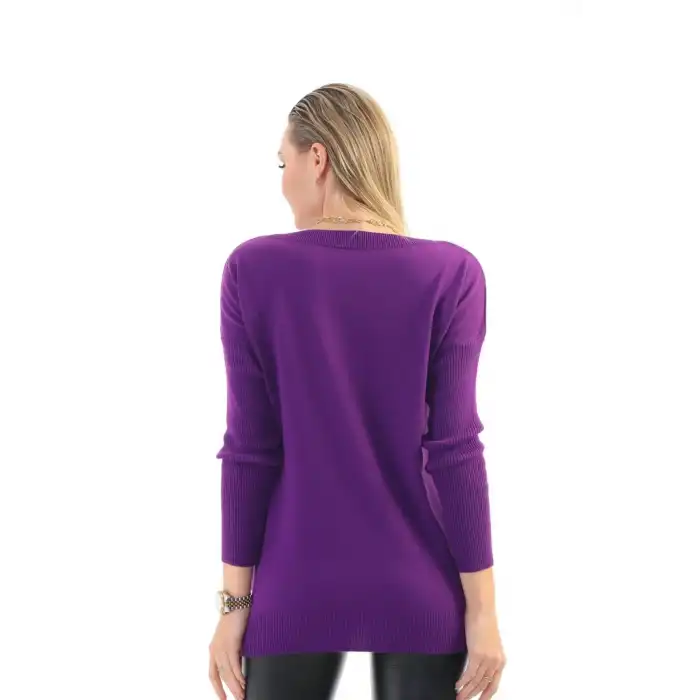 Kadın Mor Bisiklet Yaka Yandan Cepli Likralı Esnek Yumuşak Dokulu Triko Bluz