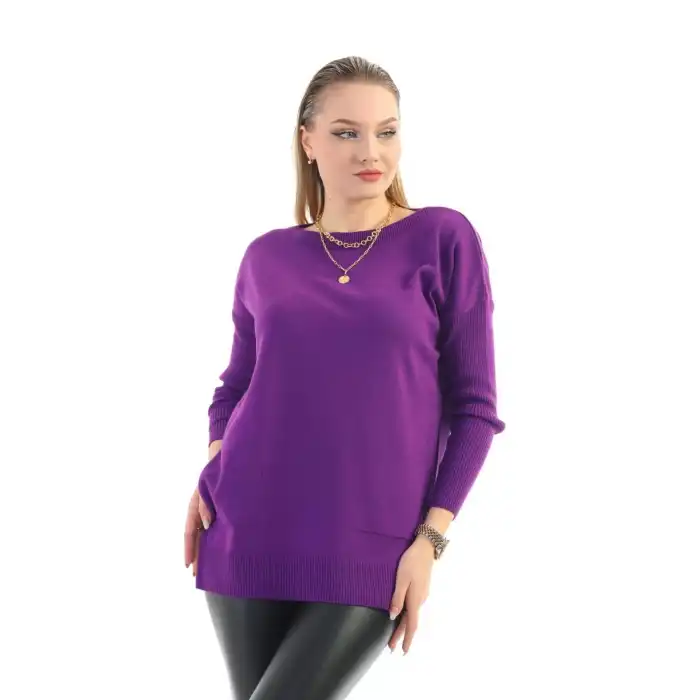 Kadın Mor Bisiklet Yaka Yandan Cepli Likralı Esnek Yumuşak Dokulu Triko Bluz