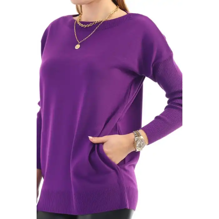 Kadın Mor Bisiklet Yaka Yandan Cepli Likralı Esnek Yumuşak Dokulu Triko Bluz