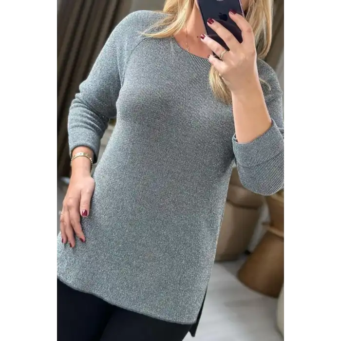 Kadın Gri Bisiklet Yaka SİMLİ İnce Tiriko Duble Kol Manşetli Bluz