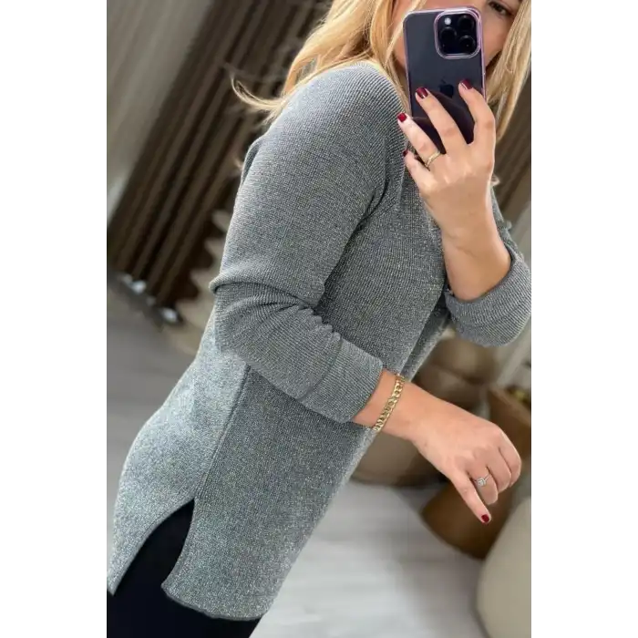 Kadın Gri Bisiklet Yaka SİMLİ İnce Tiriko Duble Kol Manşetli Bluz