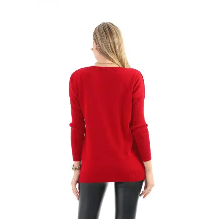 Kadın Kırmıızı Bisiklet Yaka Yandan Cepli  Likralı Esnek Yumuşak Dokulu Triko Bluz