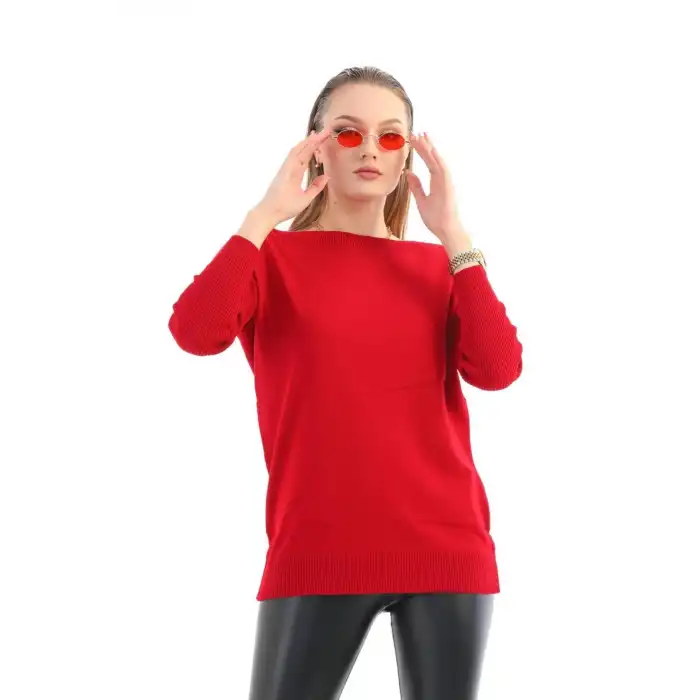 Kadın Kırmıızı Bisiklet Yaka Yandan Cepli  Likralı Esnek Yumuşak Dokulu Triko Bluz