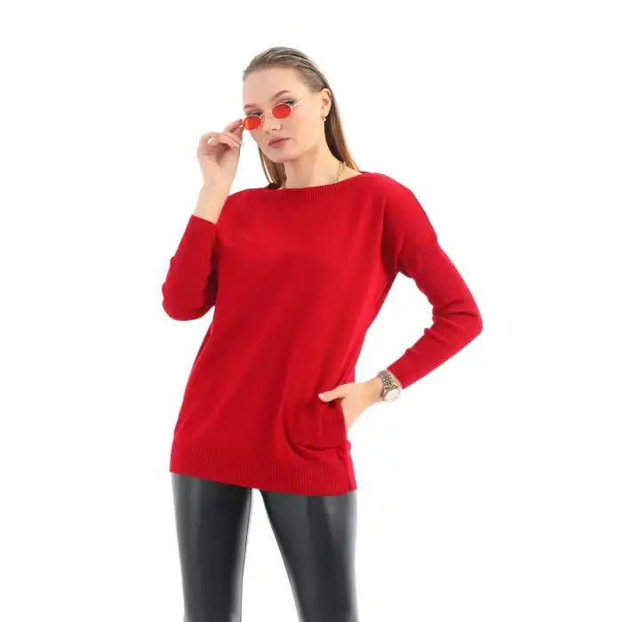 Kadın Kırmıızı Bisiklet Yaka Yandan Cepli  Likralı Esnek Yumuşak Dokulu Triko Bluz