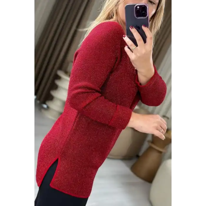 Kadın Kırmızı Bisiklet Yaka SİMLİ İnce Tiriko Duble Kol Manşetli Bluz