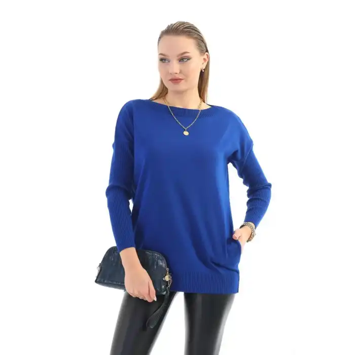 Kadın Koyu Mavi Bisiklet Yaka Yandan Cepli  Likralı Esnek Yumuşak Dokulu Triko Bluz