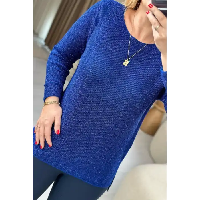 Kadın Mavi Bisiklet Yaka SİMLİ İnce Tiriko Duble Kol Manşetli Bluz