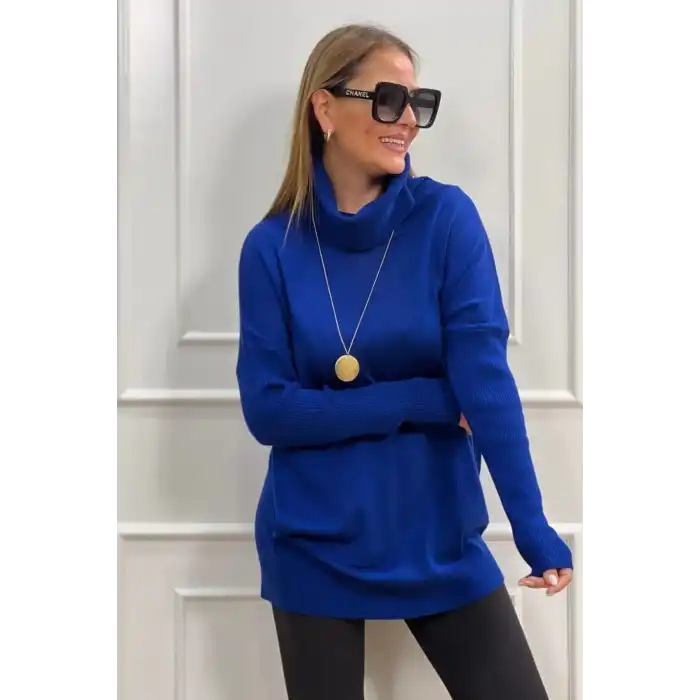 Kadın Saks Mavi Degaje Yaka Yandan Cepli Likralı İnce  Triko Bluz