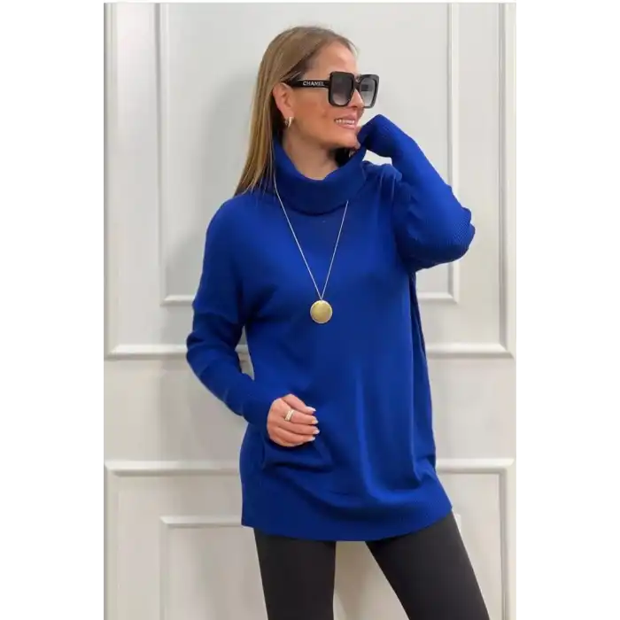 Kadın Saks Mavi Degaje Yaka Yandan Cepli Likralı İnce  Triko Bluz