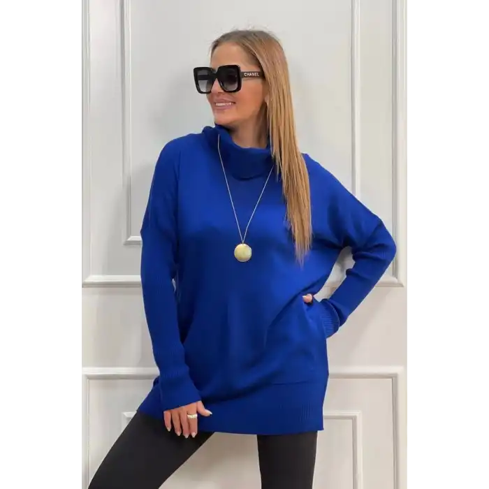 Kadın Saks Mavi Degaje Yaka Yandan Cepli Likralı İnce  Triko Bluz