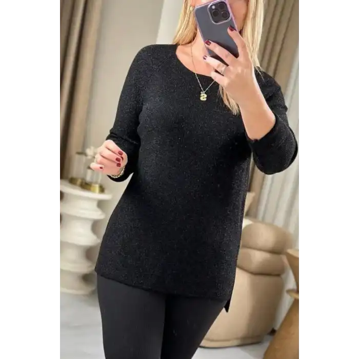 Kadın Siyah Bisiklet Yaka SİMLİ İnce Tiriko Duble Kol Manşetli Bluz