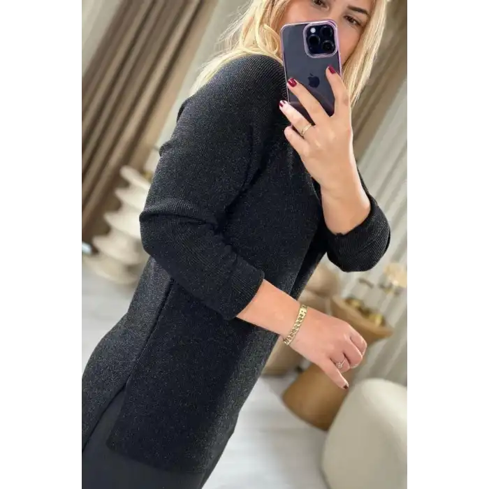 Kadın Siyah Bisiklet Yaka SİMLİ İnce Tiriko Duble Kol Manşetli Bluz