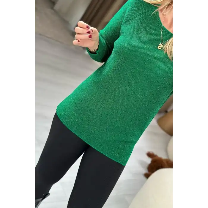 Kadın Yeşil Bisiklet Yaka SİMLİ İnce Tiriko Duble Kol Manşetli Bluz