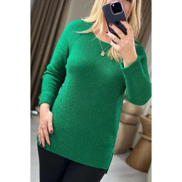 Kadın Yeşil Bisiklet Yaka SİMLİ İnce Tiriko Duble Kol Manşetli Bluz