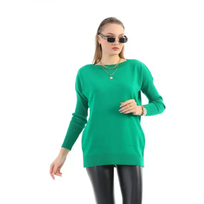 Kadın Yeşil Bisiklet Yaka Yandan Cepli  Likralı Esnek Yumuşak Dokulu Triko Bluz