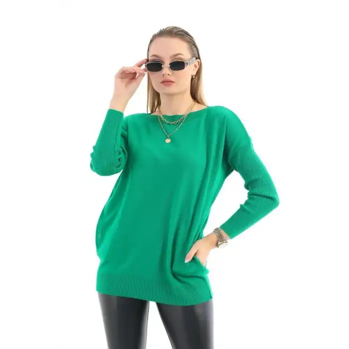 Kadın Yeşil Bisiklet Yaka Yandan Cepli  Likralı Esnek Yumuşak Dokulu Triko Bluz