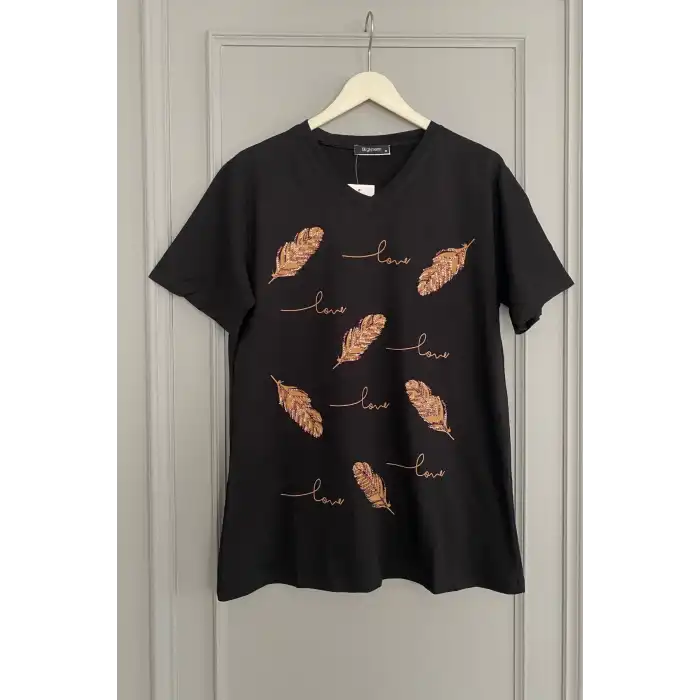 Kadın Siyah V Yaka Büyük Beden Önü Love Baskılı Nakışlı % 100 PAMUK PENYE Buluz