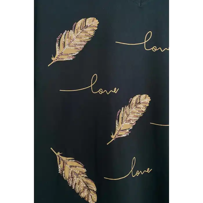 Kadın Siyah V Yaka Büyük Beden Önü Love Baskılı Nakışlı % 100 PAMUK PENYE Buluz