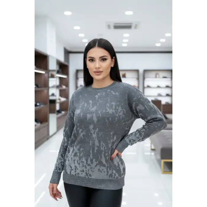 Kadın Koyu Gri Sim Detaylı Bisiklet Yaka Batik Desen Yeni Sezon Likralı Esnek Tiriko Kazak