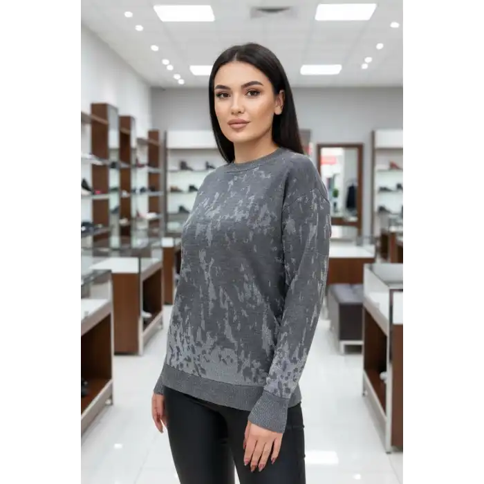 Kadın Koyu Gri Sim Detaylı Bisiklet Yaka Batik Desen Yeni Sezon Likralı Esnek Tiriko Kazak