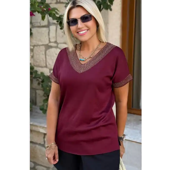 Kadın Bordo V Yaka Yakası Sim Detaylı Soğuk İplik Yazlık İnce Merserize Buluz