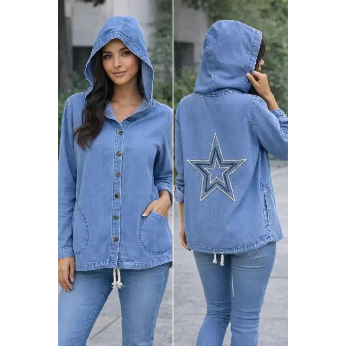 Kadın Açık Mavi Sırtı Yıldız Nakışlı Kapüşonlu Cepli Eteği Kordonlu KOT Gömlek Ceket