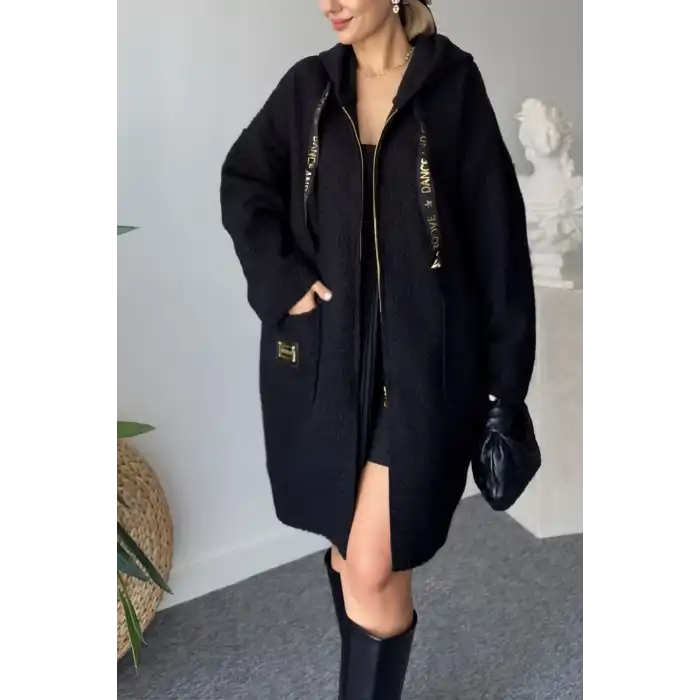 Kadın Kapüsonlu Siyah Cepli Kıvırcık Buklet Kumaş ASTARSIZ Mevsimlik Mont