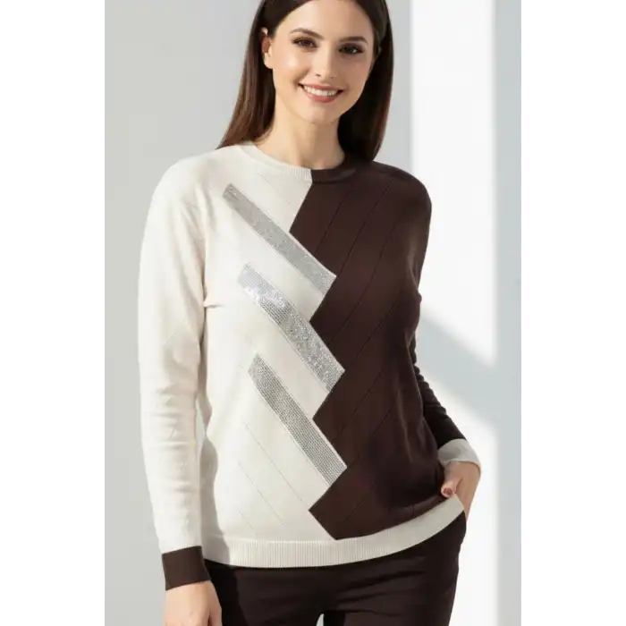 Kadın Kahve Bisiklet Yaka Önü Verev Taşlı Kaşmir Tiriko Kazak