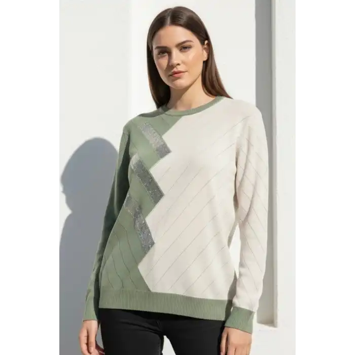 Kadın ÇAĞLA Yeşil Bisiklet Yaka Önü Verev Taşlı Kaşmir Tiriko Kazak