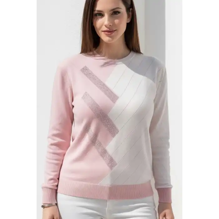 Kadın PEMBE Bisiklet Yaka Önü Verev Taşlı Kaşmir Tiriko Kazak