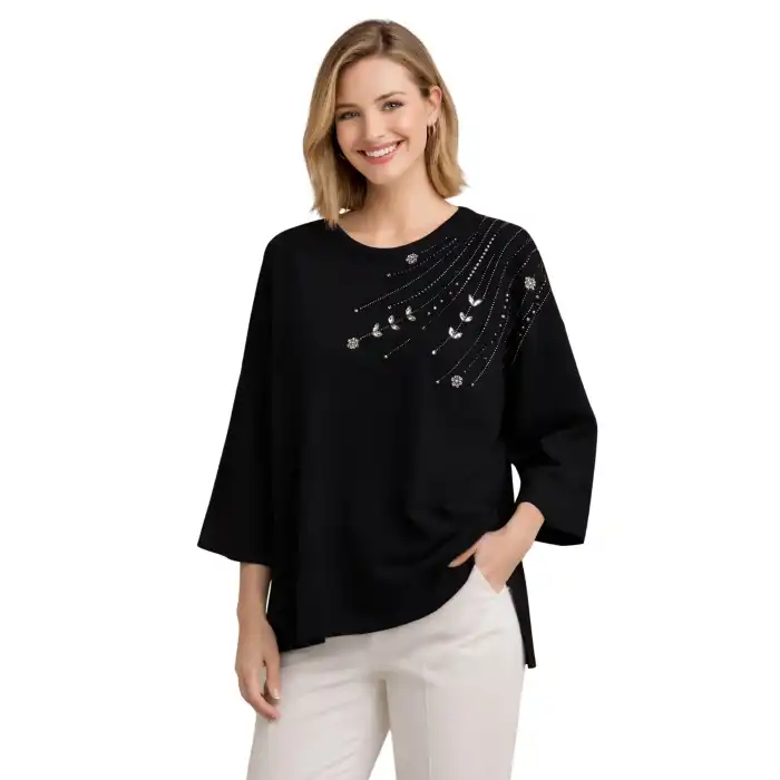 Kadın Siyah Bisiklet Yaka  Omuzlar Kristal Taş Çiçek İşlemeli Likralı Simli  Eteği Yırtmaçlı Merserize Tiriko