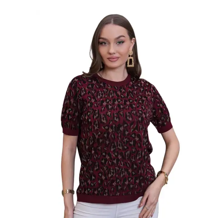 Kadın BORDO  Bisiklet Yaka Leopar Desenli Likralı Yumuşak Dokulu Kısakol Tiriko Buluz