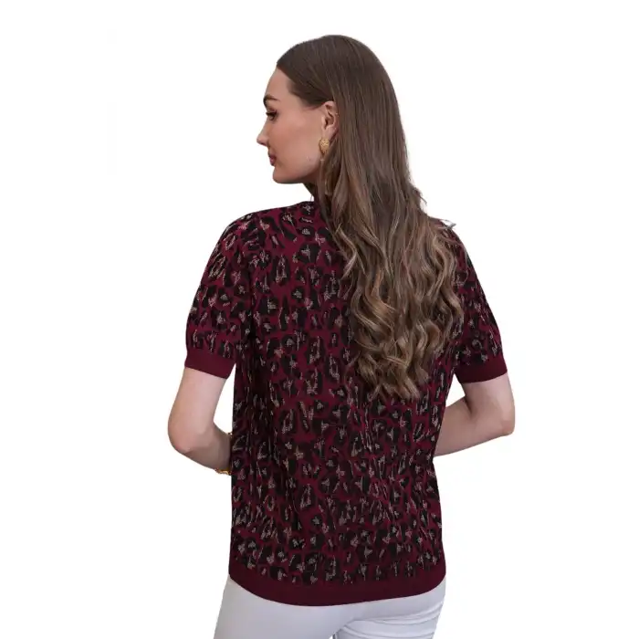 Kadın BORDO  Bisiklet Yaka Leopar Desenli Likralı Yumuşak Dokulu Kısakol Tiriko Buluz