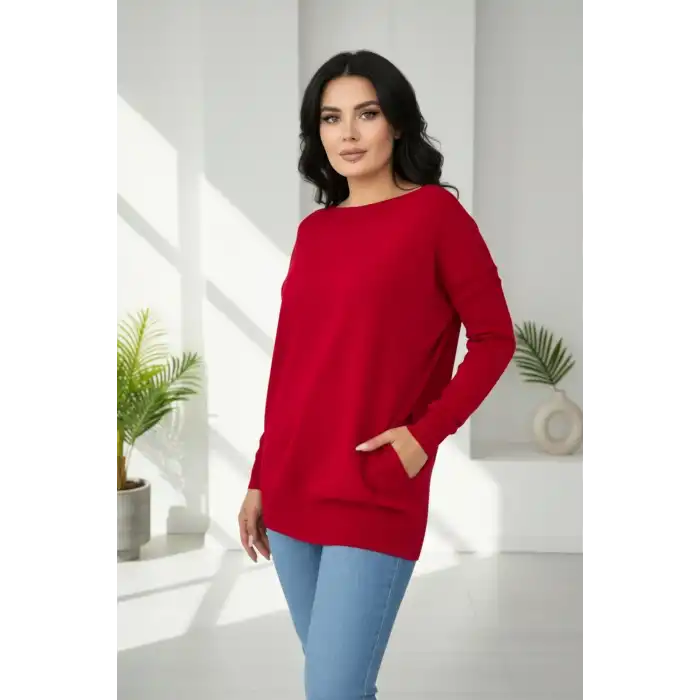 Kadın Kırmıızı Bisiklet Yaka Yandan Cepli Likralı Esnek Yumuşak Dokulu Triko Bluz