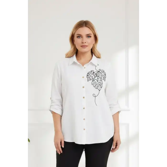 Kadın Beyaz Göğsü Nakış Detaylı Müslin Kumaş Kol Katlamalı Gömlek