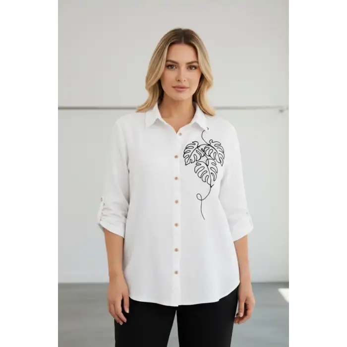 Kadın Beyaz Göğsü Nakış Detaylı Müslin Kumaş Kol Katlamalı Gömlek
