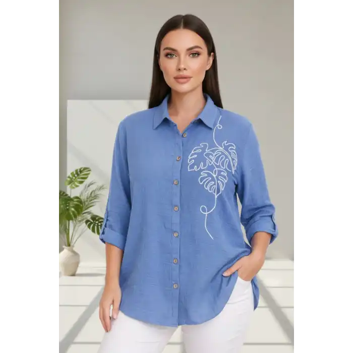 Kadın Mavi  Göğsü Nakış Detaylı Müslin Kumaş Kol Katlamalı Gömlek